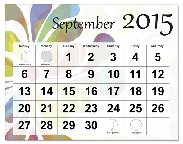 Septiembre 2015 Calendario — Archivo Imágenes Vectoriales