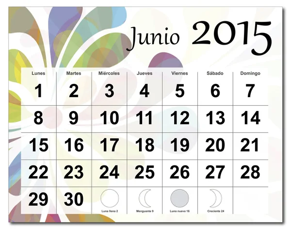 Versión española del calendario de junio de 2015 — Archivo Imágenes Vectoriales