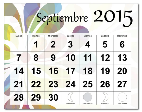 Version espagnole du calendrier de septembre 2015 — Image vectorielle