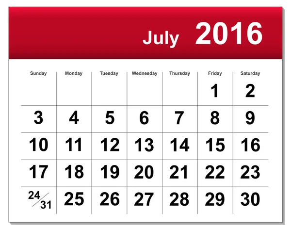 Eps10 bestand. Juli 2016 kalender. Het EPS-bestand bevat de versie in blauw, groen en zwart in verschillende lagen — Stockvector