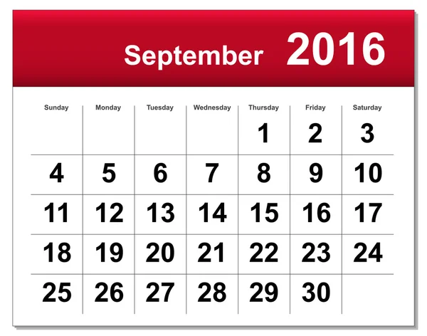 Eps10 Datei. September 2016 Kalender. die eps-Datei enthält die Version in blau, grün und schwarz in verschiedenen Ebenen — Stockvektor