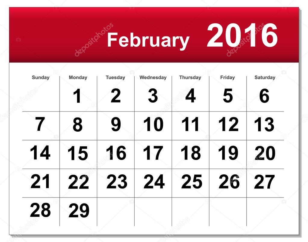 Eps10 Bestand. Februari 2016 Kalender. Het Eps-Bestand Bevat De Versie In Blauw, Groen En Zwart In Verschillende Lagen Vectorafbeelding Door © Lutya ⬇ Vectorstock #92230626