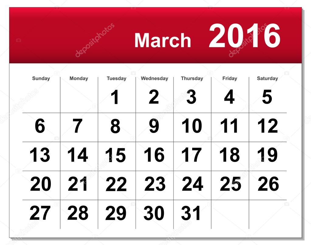 EPS10 file. March 2016 calendar. The EPS file includes the version in blue, green and black in different layers