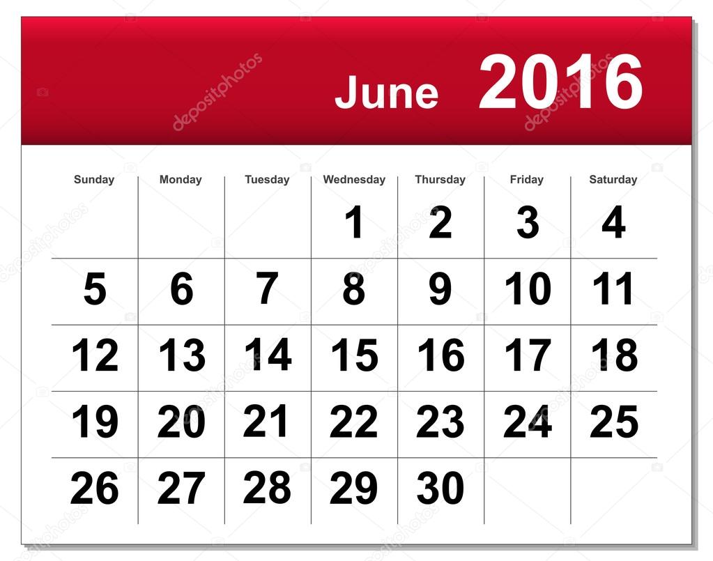 EPS10 file. June 2016 calendar. The EPS file includes the version in blue, green and black in different layers