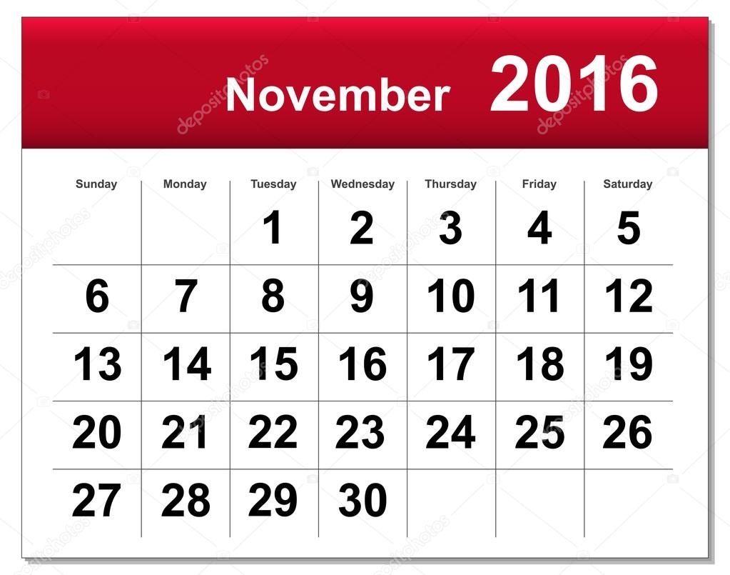 EPS10 file. November 2016 calendar. The EPS file includes the version in blue, green and black in different layers