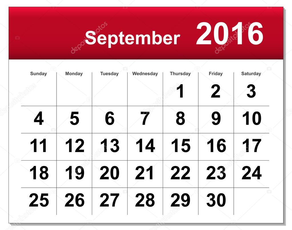 EPS10 file. September 2016 calendar. The EPS file includes the version in blue, green and black in different layers