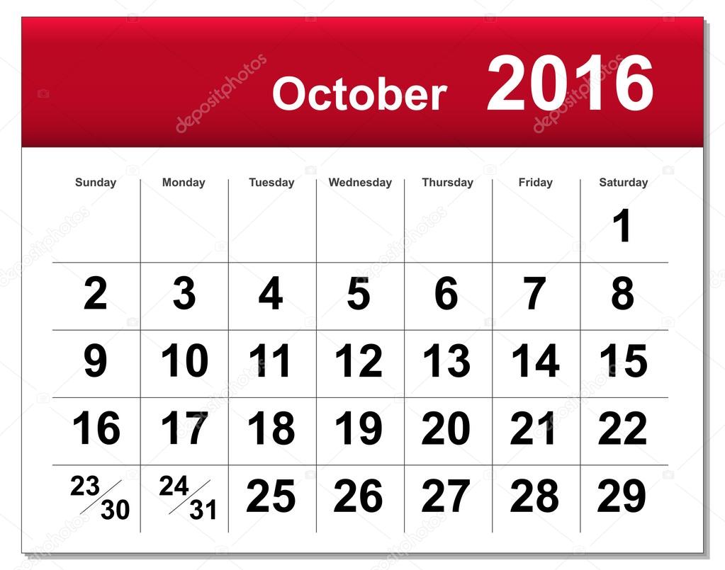 EPS10 file. October 2016 calendar. The EPS file includes the version in blue, green and black in different layers
