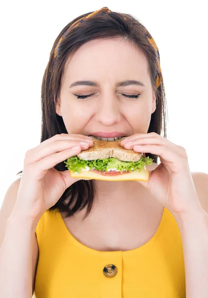 Głodna Młoda Kobieta Jedząca Kanapki Student Dziewczyna Trzyma Fast Food — Zdjęcie stockowe