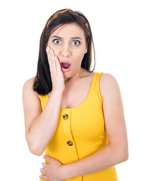 Shocked Young Woman Isolated White Background Astonished Girl Bad News — Stock Photo, Image