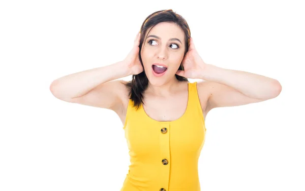 Shocked Amazed Woman Isolated White Background Surprised Girl Hands Head — Stock Photo, Image