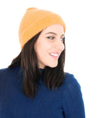 Sideways portrait of beautiful smiling young woman, isolated on white background. Studio shot
