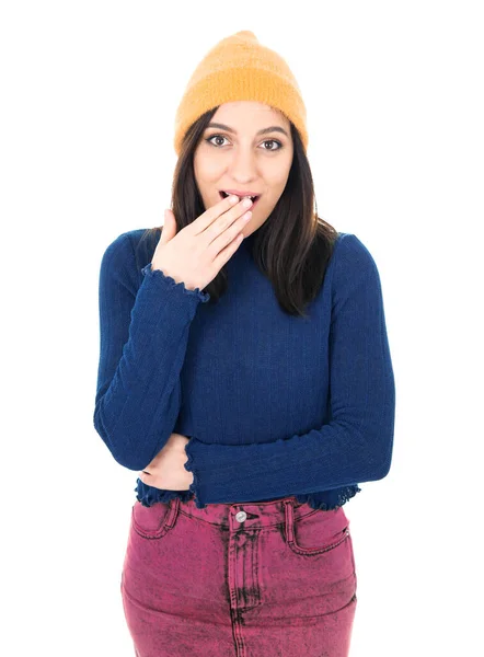 Shocked Excited Young Woman Isolated White Background Surprised Girl Hand — Stock Photo, Image