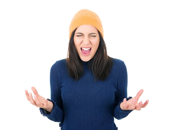 Furious Girl Looking Camera Shows Fist Isolated White Background Rage — ストック写真