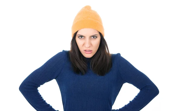 Angry Young Woman Hands Waist Looking Camera Isolated White Background — Stock Photo, Image