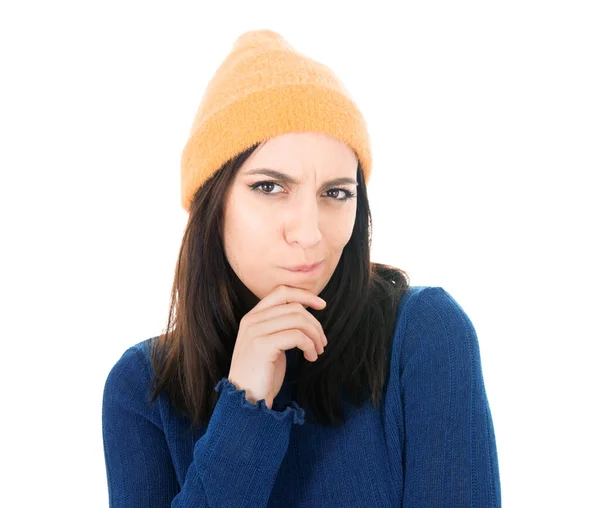 Pensive Young Woman Feeling Doubtful Isolated White Background Studio Shot — Stok fotoğraf