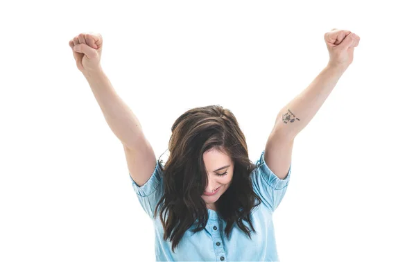 Victory Young Woman Looking Wide Opened Arms Girl Celebrates His — Stock Photo, Image