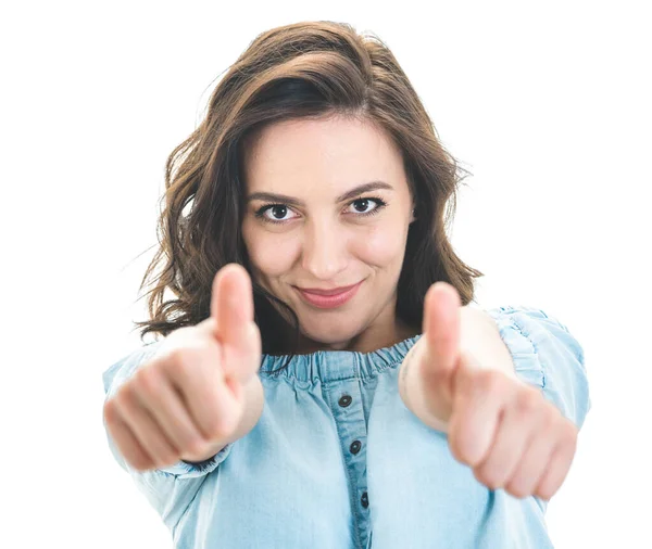 Chica Joven Con Los Pulgares Hacia Arriba Como Concepto Concéntrate —  Fotos de Stock