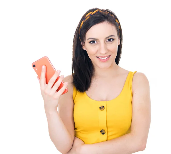 Mujer Feliz Con Teléfono Aislada Sobre Fondo Blanco Chica Feliz —  Fotos de Stock