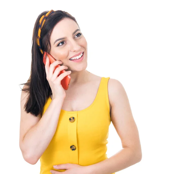 Κοντινό Πλάνο Νεαρή Γυναίκα Στο Κινητό Τηλέφωνο Μιλάει Απομονωμένη Λευκό — Φωτογραφία Αρχείου
