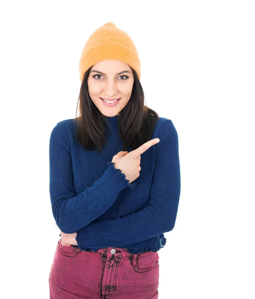 Mujer Sonriente Apuntando Espacio Blanco Espacio Copia Chica Presentando Producto — Foto de Stock