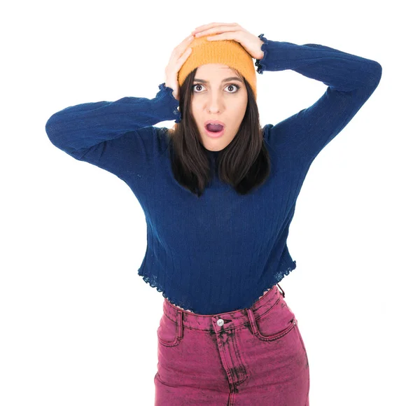 Astonished Happy Girl Hands His Head Isolated White Background Positive — Stock Photo, Image