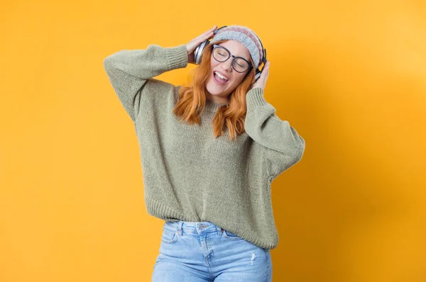 Young Smile Woman Earphones Enjoying While Listen Music Isolated Yellow — Stock Photo, Image