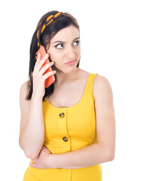 Annoyed Woman Phone Isolated White Background Annoying Female Person Talking — Stock Photo, Image