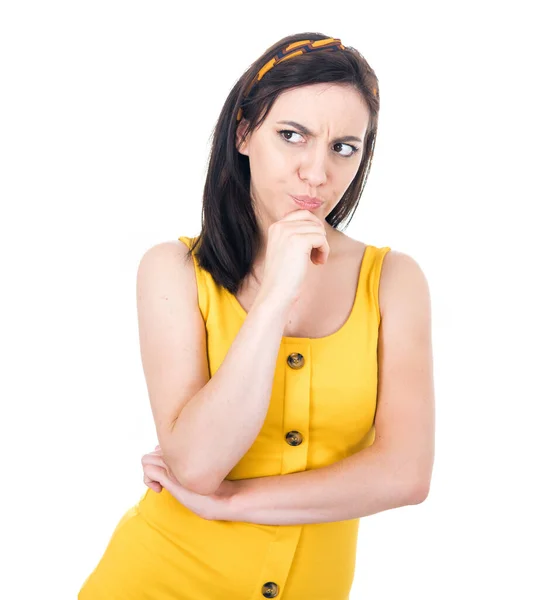 Doubt Young Woman Looking Side Thinking Frowned Face Expression Isolated — Stock Photo, Image