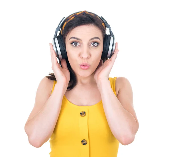 Surprised Young Woman Headphones Enjoying While Listen Music Isolated White — ストック写真