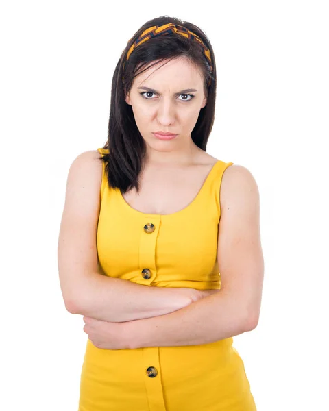 Impatient Young Woman Hands Waist Looking Camera Isolated White Background — Stock Photo, Image