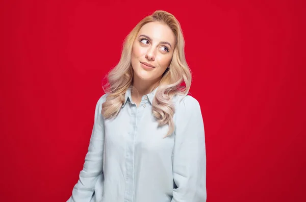 Smirking Face Expression Woman Isolated Red Background Pretty Girl Smiling — Stock Photo, Image