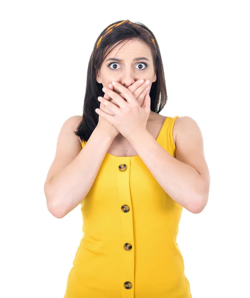 Young Woman Listen Bad News Shocked Girl Covering Mouth Hands — Stock Photo, Image