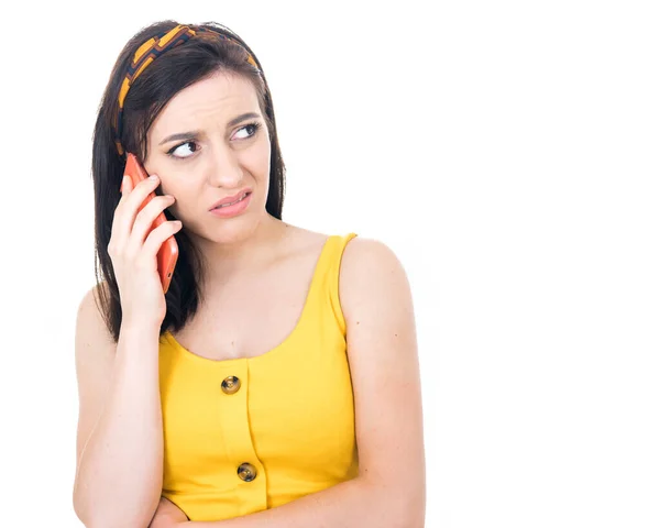 Grumpy Woman Talks Phone Isolated White Background Nuisance Smart Phone Stock Picture