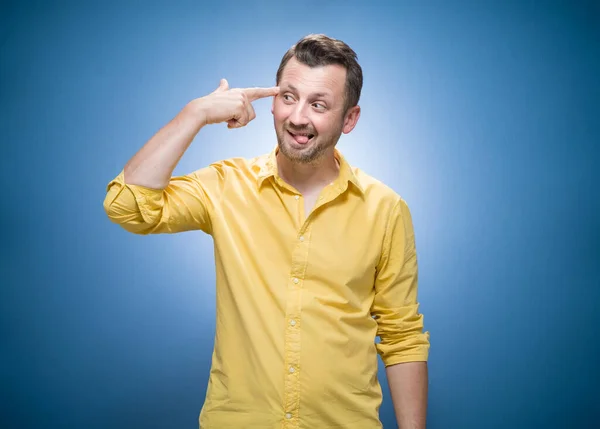 Funny Man Makes Finger Gun Gesture Temple Pretends Committing Suicide — Stock Photo, Image