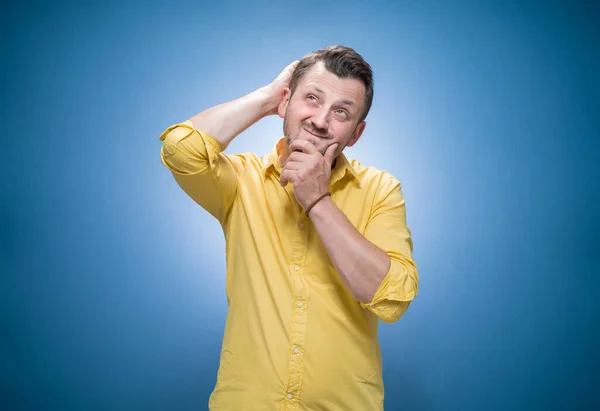 Pensive Young Man Being Confusion Arms Head Blue Background Dresses — Stock Photo, Image