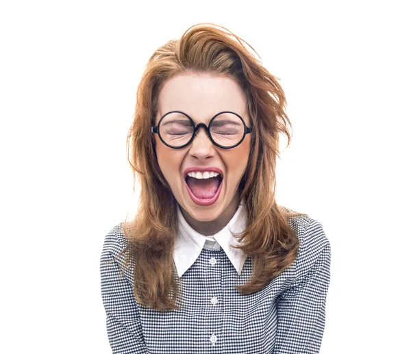 Gritando geek ou louca menina isolada no branco — Fotografia de Stock