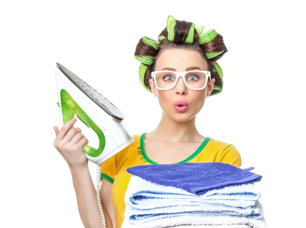 Surprised housewife with iron — Stock Photo, Image