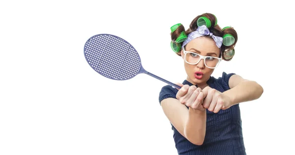 Housewife with fly swatter — Stock Photo, Image