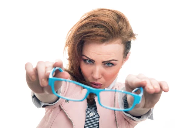 Woman with eyeglasses isolated on white — Stock Photo, Image