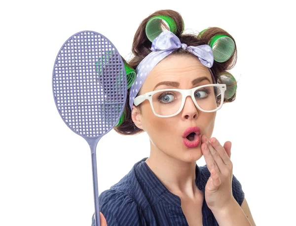 Housewife with fly swatter — Stock Photo, Image