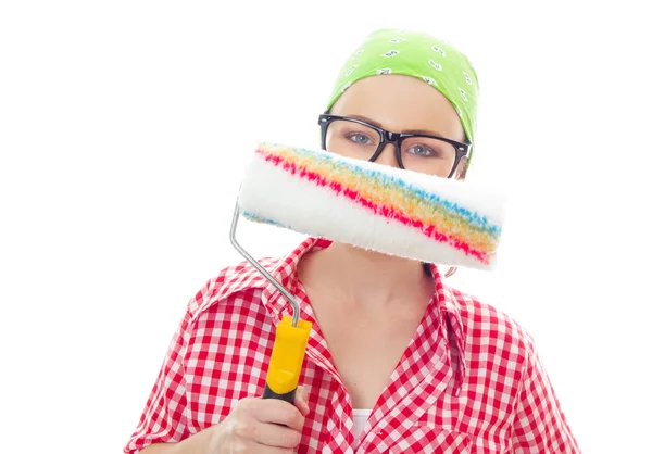 Smiling woman with roller ready for renovating — Stock Photo, Image