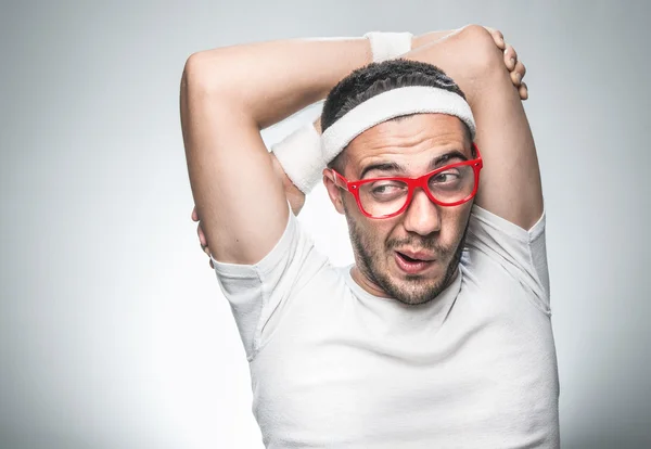 Funny man doing gym — Stock Photo, Image