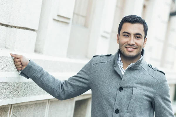 Gorgeous young man in coat, november morning, outside — Stock Photo, Image