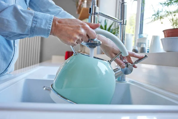 Close Woman Carefully Filling Kettle Tap Saving Water — Stock Photo, Image