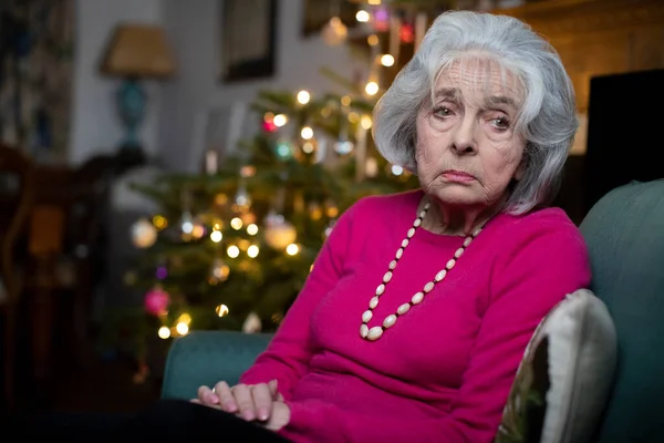 Sad Lonely Senior Woman Unhappy Spending Christmas Home Alone — стоковое фото