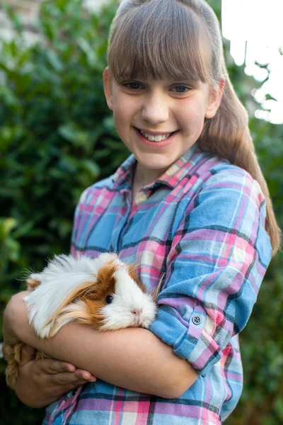 Retrato Niña Sosteniendo Cerdo Guinea Mascota Aire Libre Jardín — Foto de Stock