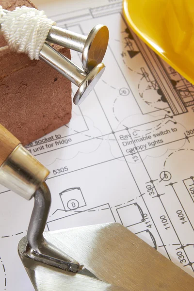 Building Components Arranged On House Plans — Stock Photo, Image