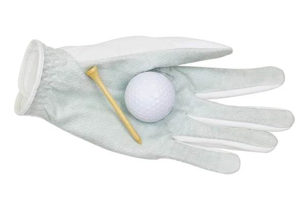 Weißer synthetischer Mikrofaser-Golfhandschuh mit Golfball und Bambus-Golftee — Stockfoto