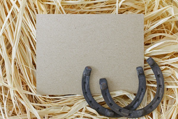 Steel horseshoes on blank brown paper and dry hay — Stok Foto