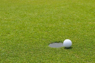 Golf topu kenarında Kupası tutun yeşil koyarak koyma